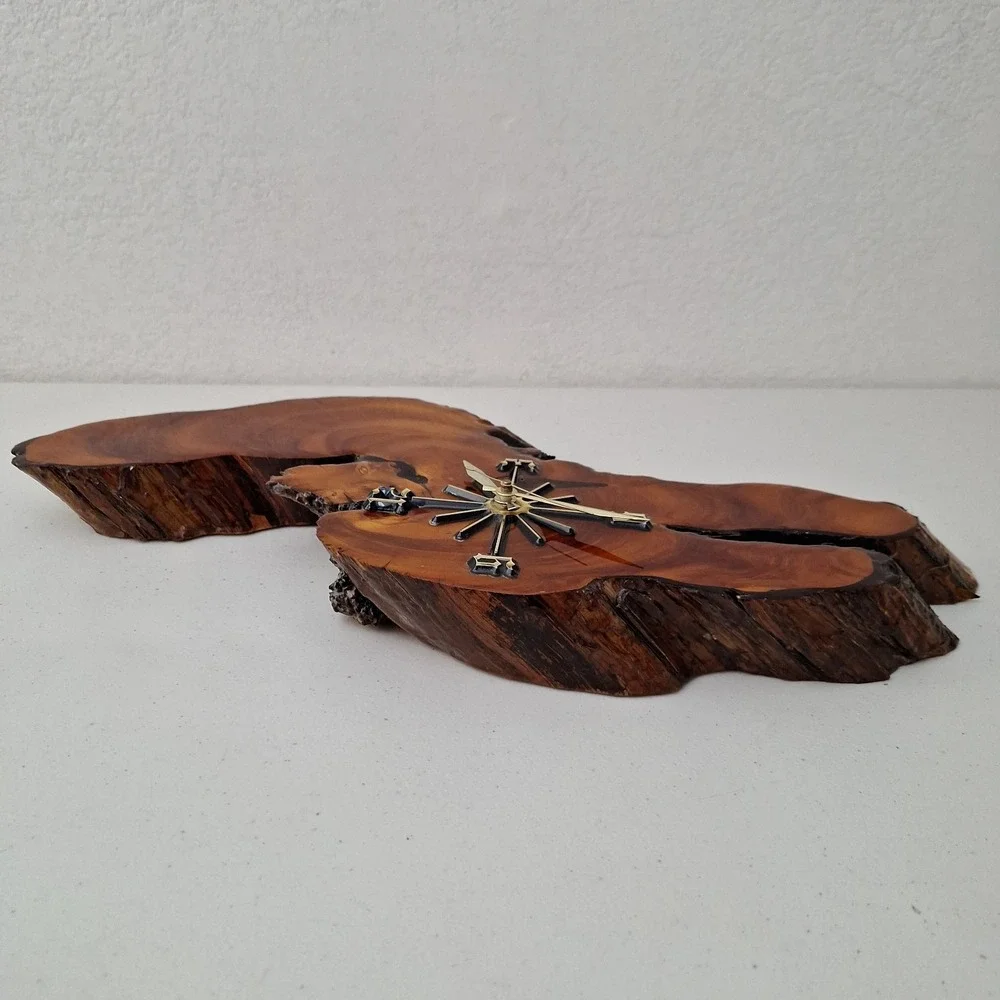 Vintage Lacquered Natural Cypress Wood Slab Stump Wall Clock Handmade Quartz